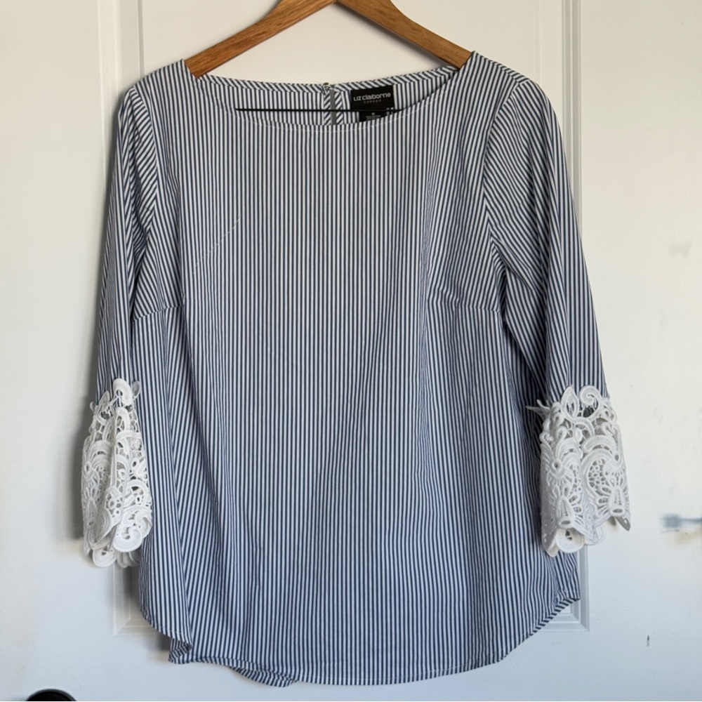 Liz Claiborne Blue White Stripe Crochet Bell Sleeve Blouse Boho Size M